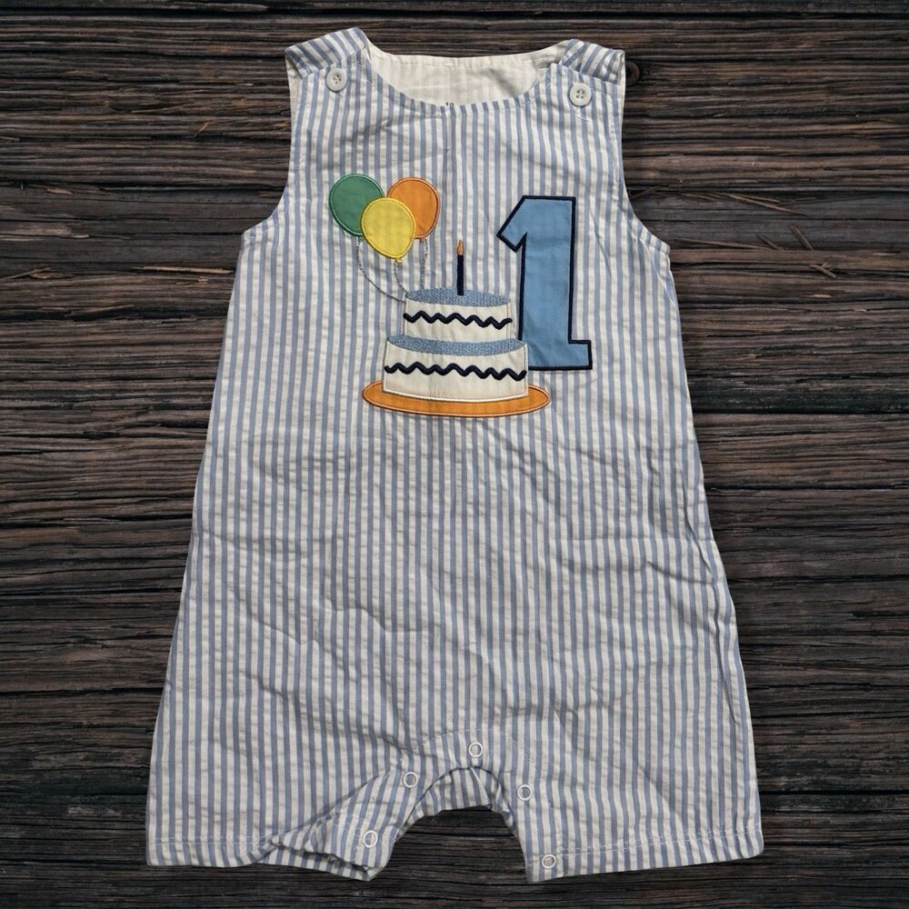 1st Birthday Seersucker Jon Jon Romper Blue White 18M Cake Balloons